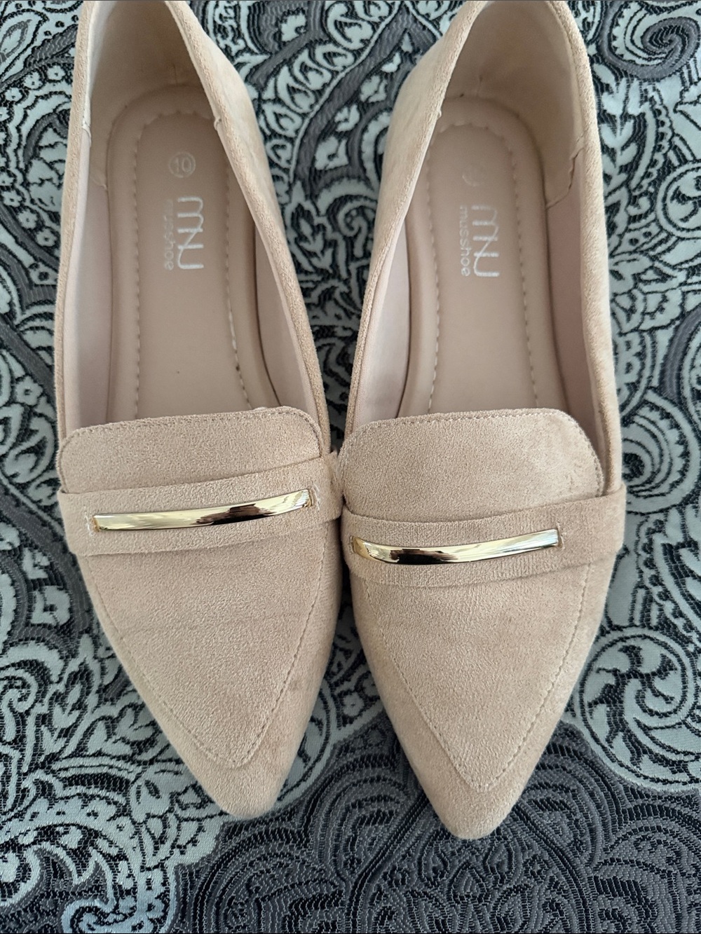 Suede Pointed Loafer Flats in Beige with Gold Accent